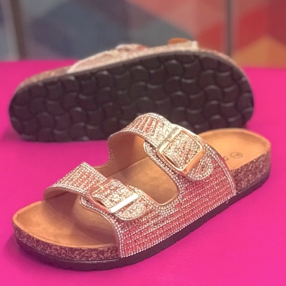 Italina Rhinestone Jewel Double Buckle Strap Cork Slide Contoured Sandal - Picture 2 of 15